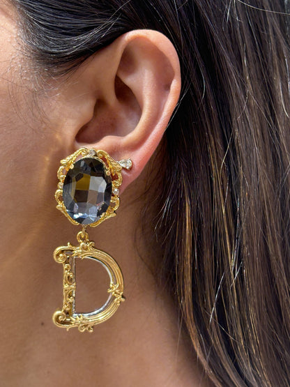 Baroque Monogram Semi-precious Black Stone Drop Earrings