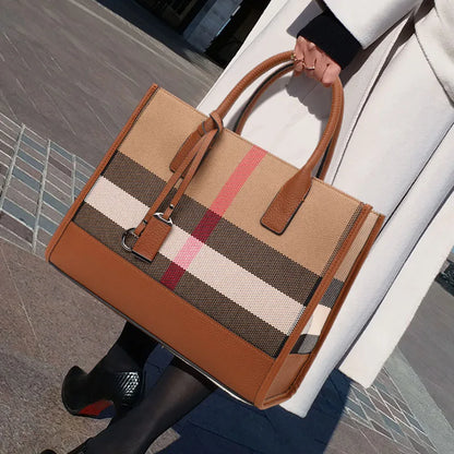 Classic Plaid Canvas Tote with Leather Accents