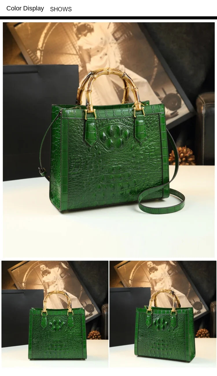 Elegant Croc-Embossed Handbag with Bamboo Handles