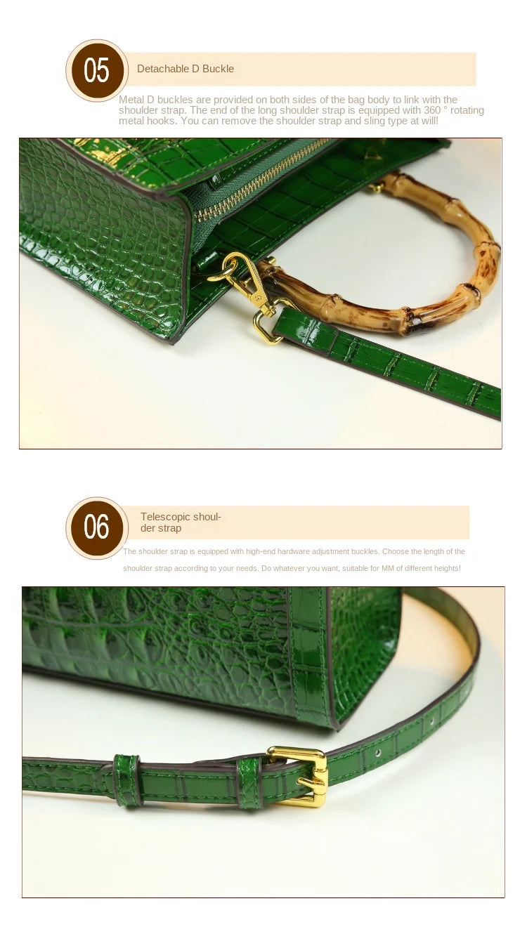 Elegant Croc-Embossed Handbag with Bamboo Handles