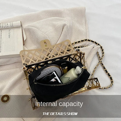 The new style metal small square bag lady hollow personality evening messenger bag all-in-one chain bag