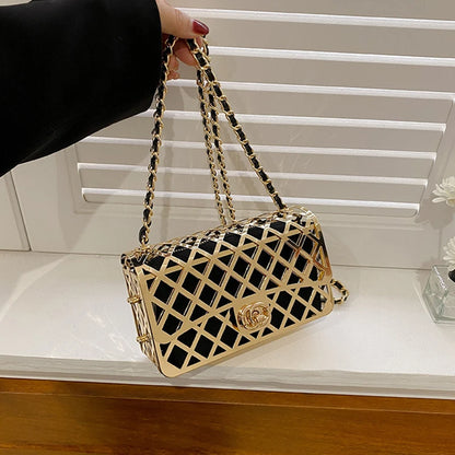 The new style metal small square bag lady hollow personality evening messenger bag all-in-one chain bag