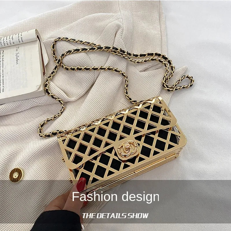 The new style metal small square bag lady hollow personality evening messenger bag all-in-one chain bag