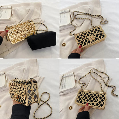 The new style metal small square bag lady hollow personality evening messenger bag all-in-one chain bag