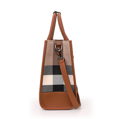 Classic Plaid Canvas Tote with Leather Accents