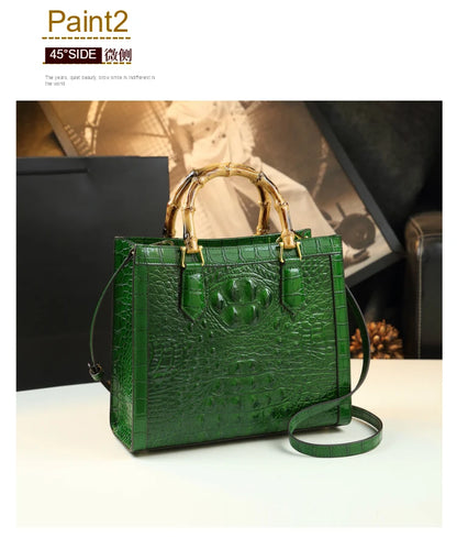 Elegant Croc-Embossed Handbag with Bamboo Handles