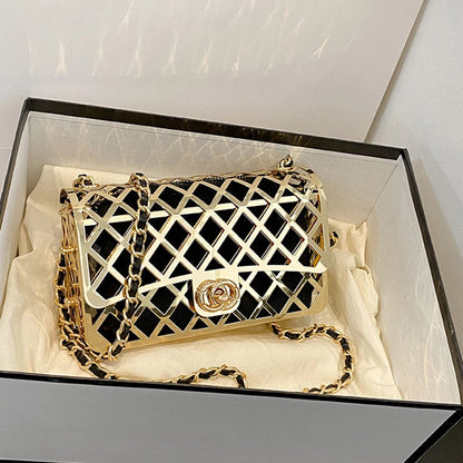 The new style metal small square bag lady hollow personality evening messenger bag all-in-one chain bag