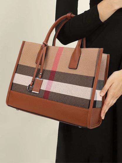 Classic Plaid Canvas Tote with Leather Accents