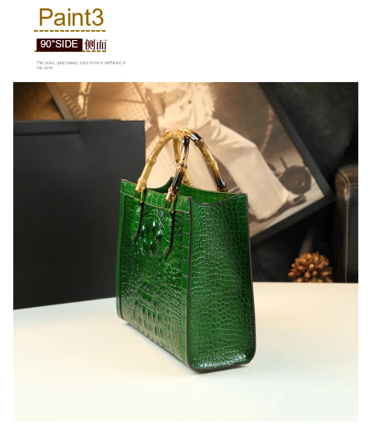 Elegant Croc-Embossed Handbag with Bamboo Handles