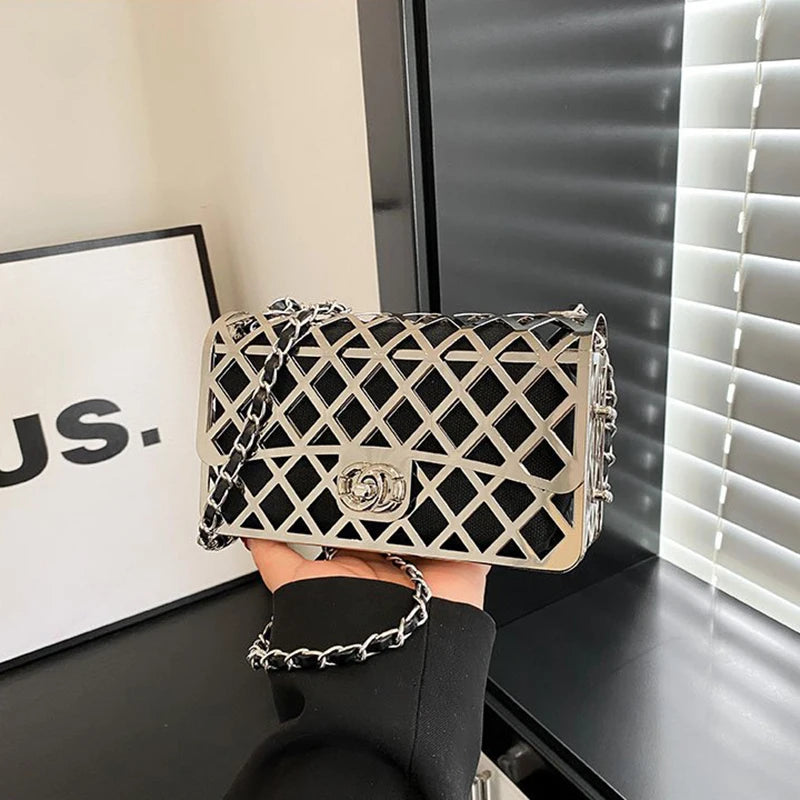 The new style metal small square bag lady hollow personality evening messenger bag all-in-one chain bag