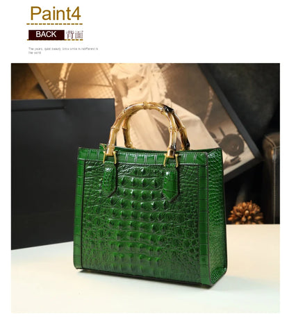 Elegant Croc-Embossed Handbag with Bamboo Handles