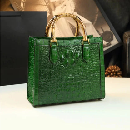 Elegant Croc-Embossed Handbag with Bamboo Handles