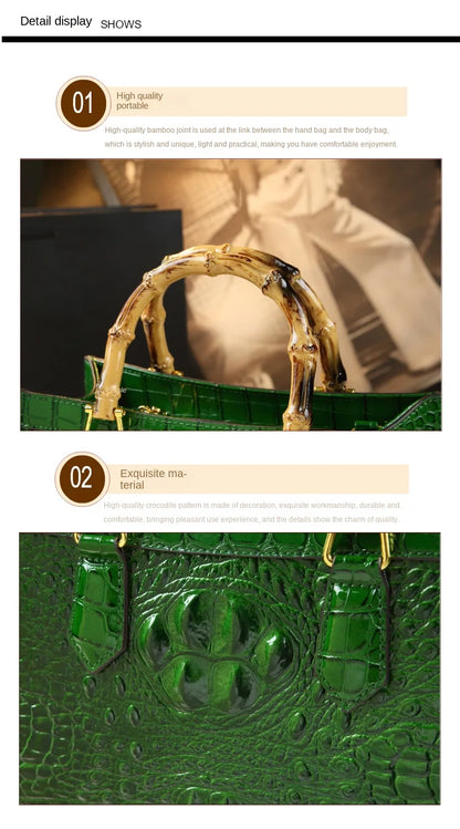 Elegant Croc-Embossed Handbag with Bamboo Handles