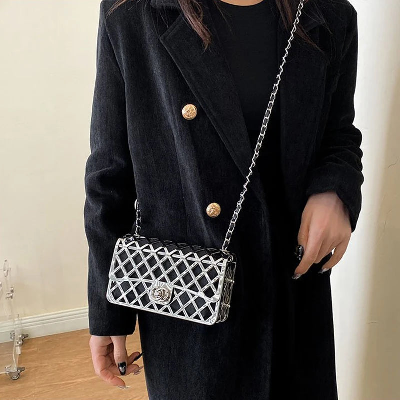 The new style metal small square bag lady hollow personality evening messenger bag all-in-one chain bag