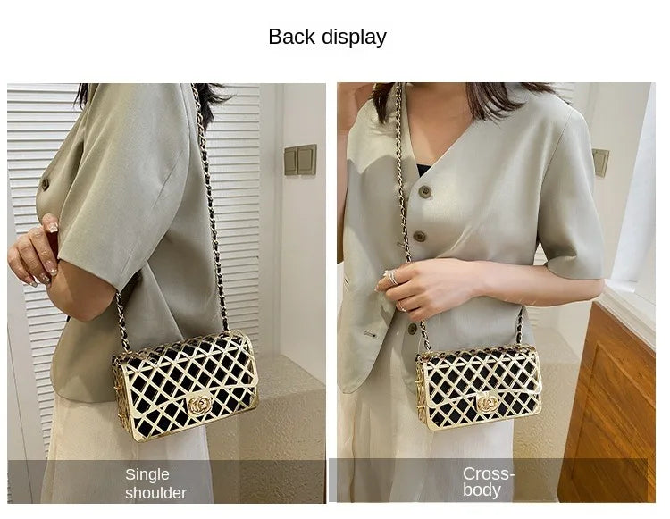 The new style metal small square bag lady hollow personality evening messenger bag all-in-one chain bag