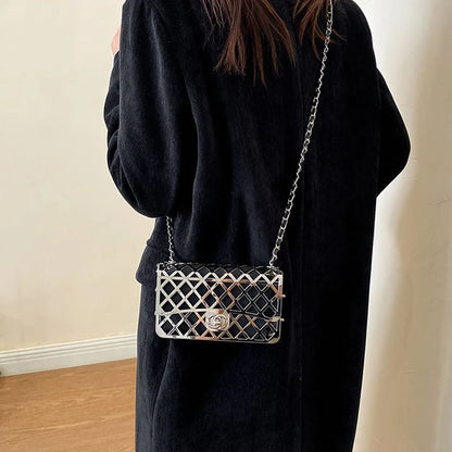 The new style metal small square bag lady hollow personality evening messenger bag all-in-one chain bag