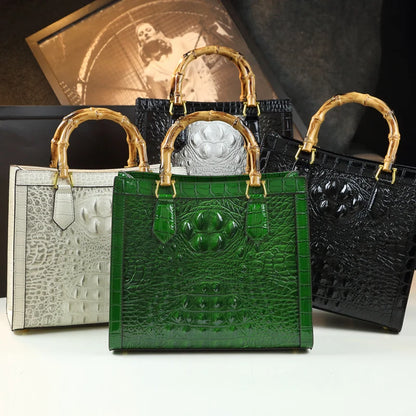 Elegant Croc-Embossed Handbag with Bamboo Handles