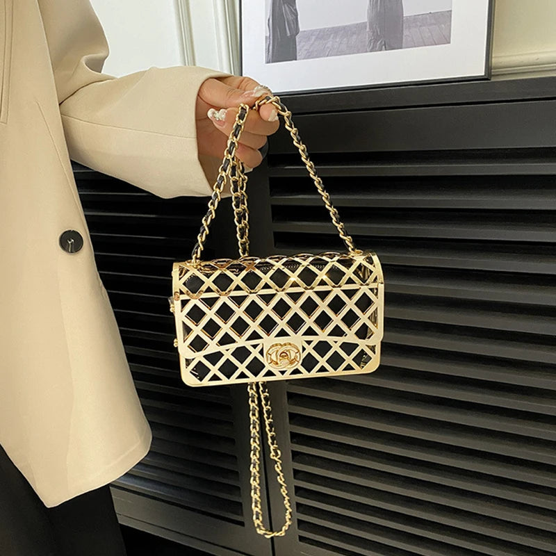 The new style metal small square bag lady hollow personality evening messenger bag all-in-one chain bag