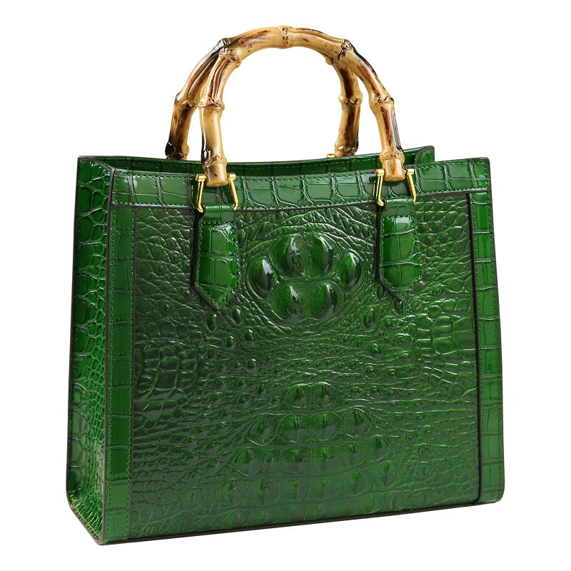 Elegant Croc-Embossed Handbag with Bamboo Handles