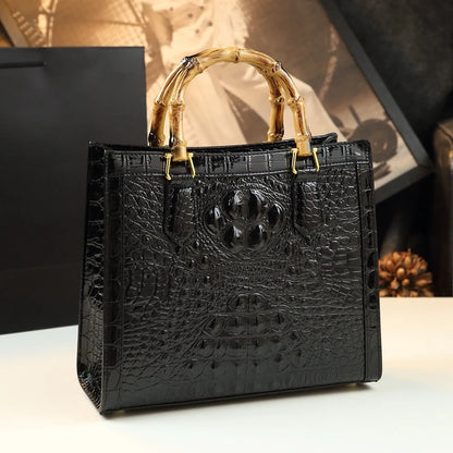 Elegant Croc-Embossed Handbag with Bamboo Handles