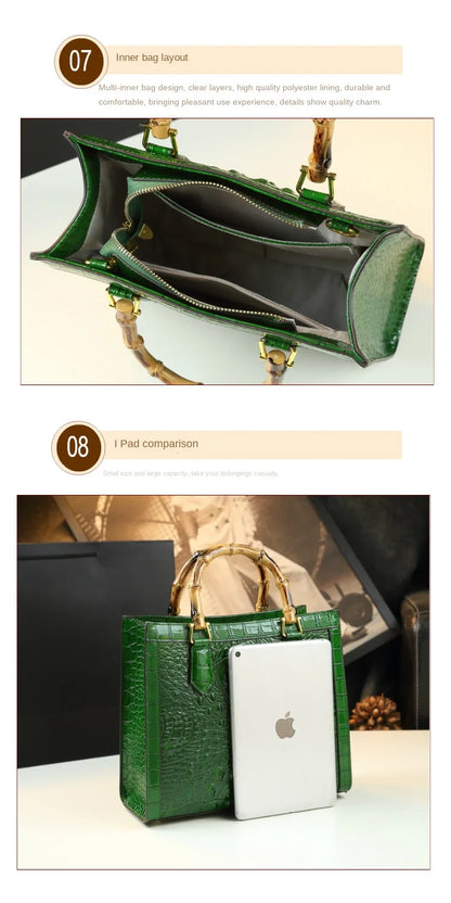 Elegant Croc-Embossed Handbag with Bamboo Handles