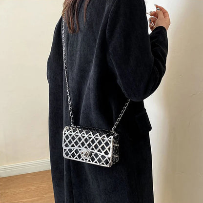 The new style metal small square bag lady hollow personality evening messenger bag all-in-one chain bag