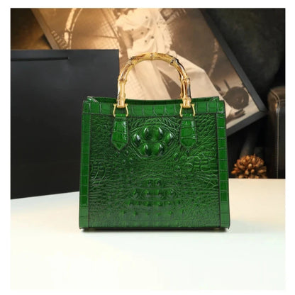 Elegant Croc-Embossed Handbag with Bamboo Handles