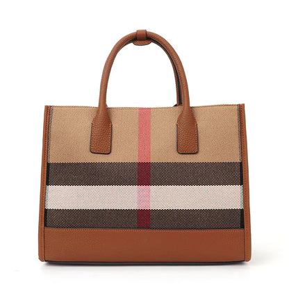 Classic Plaid Canvas Tote with Leather Accents