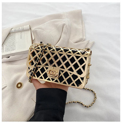 The new style metal small square bag lady hollow personality evening messenger bag all-in-one chain bag