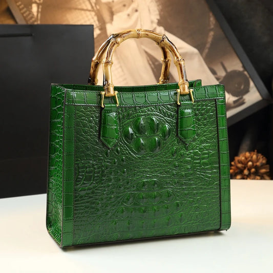 Elegant Croc-Embossed Handbag with Bamboo Handles