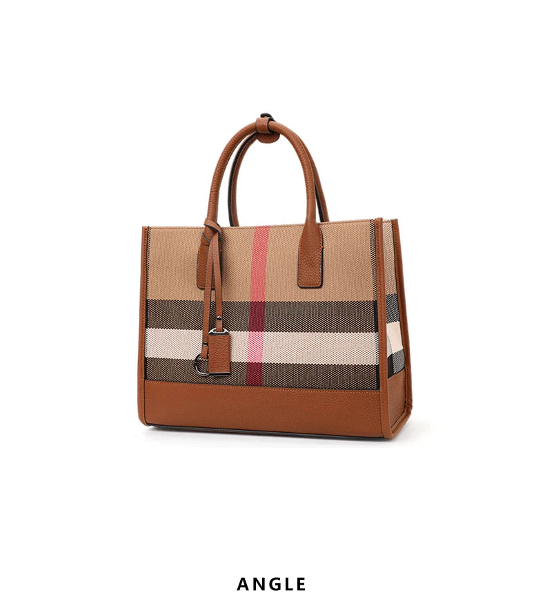 Classic Plaid Canvas Tote with Leather Accents