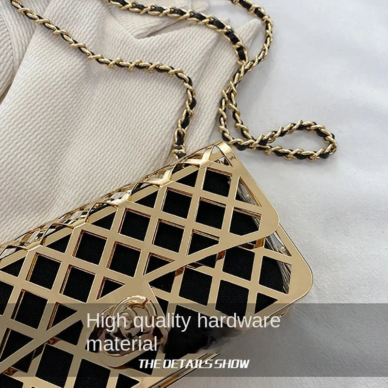 The new style metal small square bag lady hollow personality evening messenger bag all-in-one chain bag