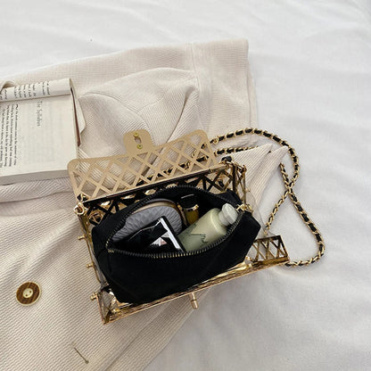 The new style metal small square bag lady hollow personality evening messenger bag all-in-one chain bag