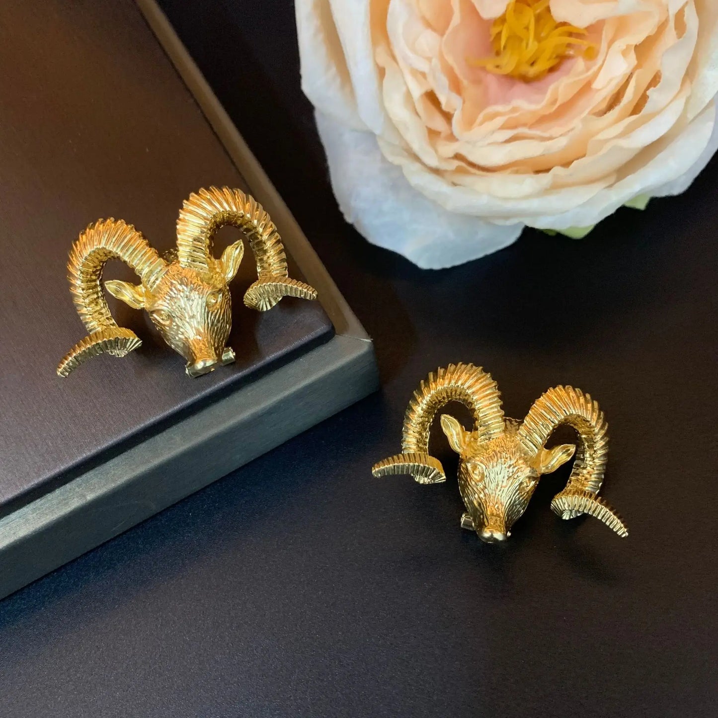 Vintage Inspired Ram's Head Gold Earrings