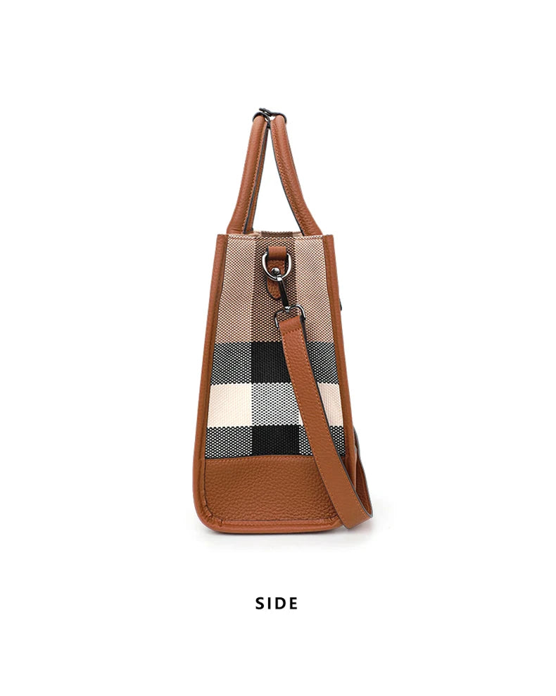 Classic Plaid Canvas Tote with Leather Accents