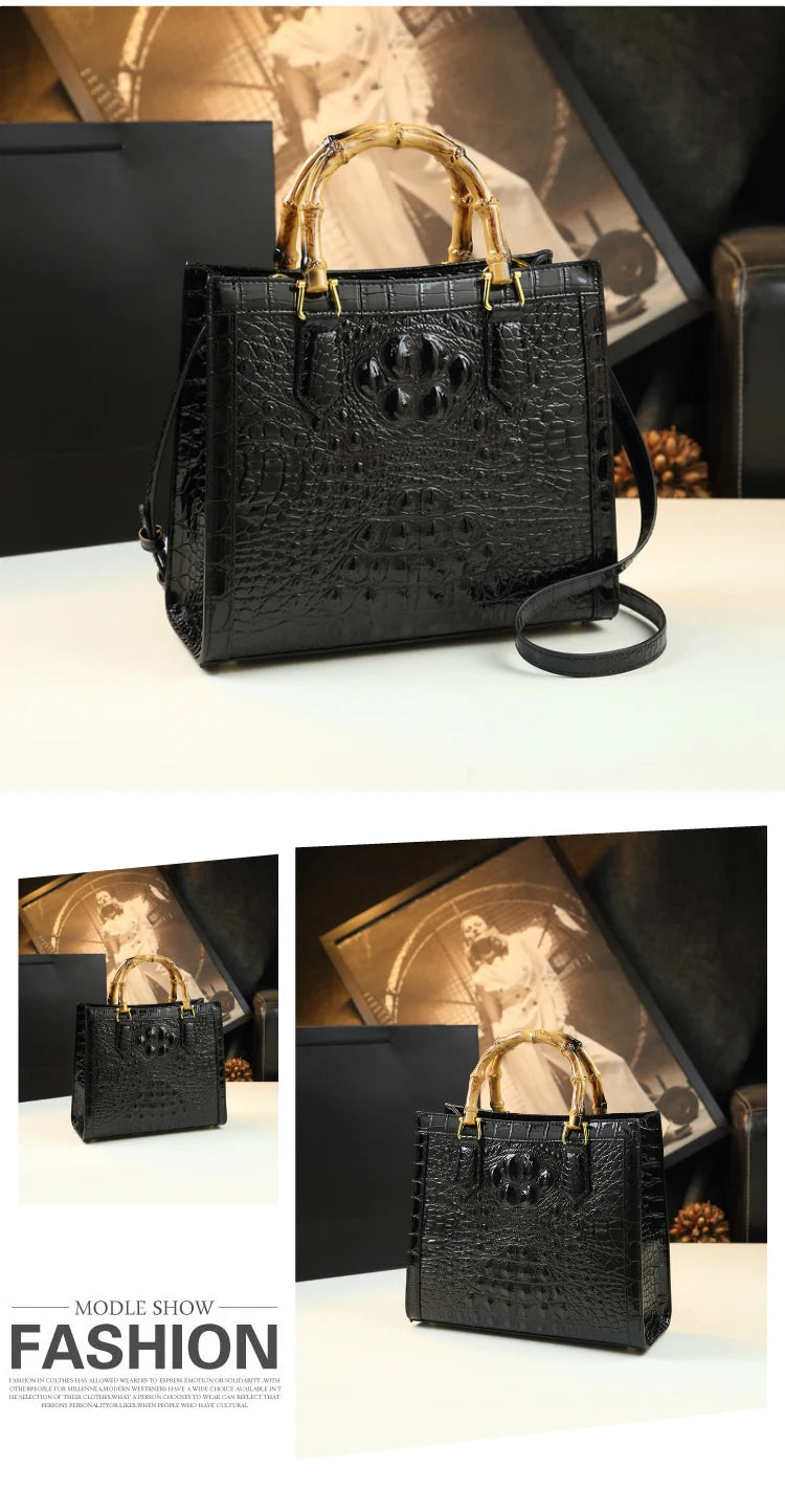 Elegant Croc-Embossed Handbag with Bamboo Handles