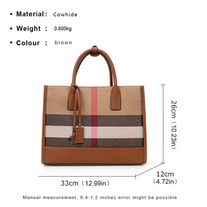 Classic Plaid Canvas Tote with Leather Accents