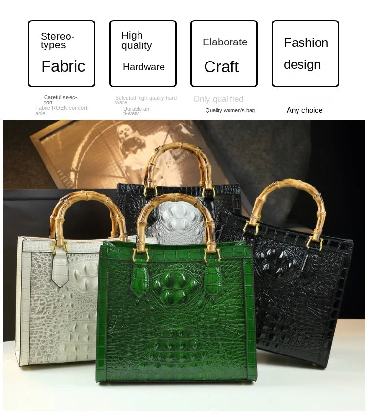 Elegant Croc-Embossed Handbag with Bamboo Handles