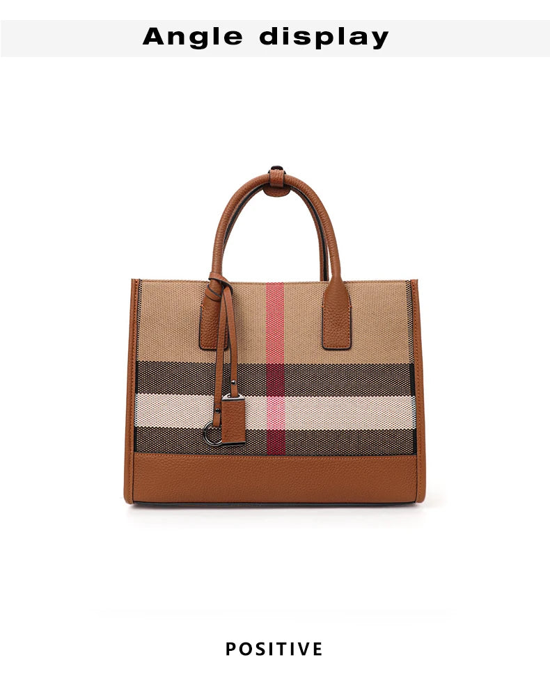 Classic Plaid Canvas Tote with Leather Accents