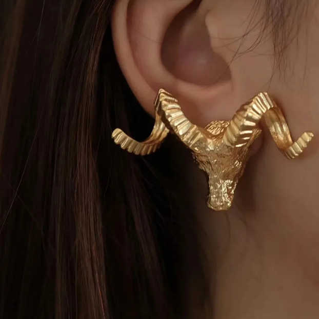 Vintage Inspired Ram's Head Gold Earrings