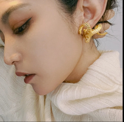 Vintage Inspired Ram's Head Gold Earrings