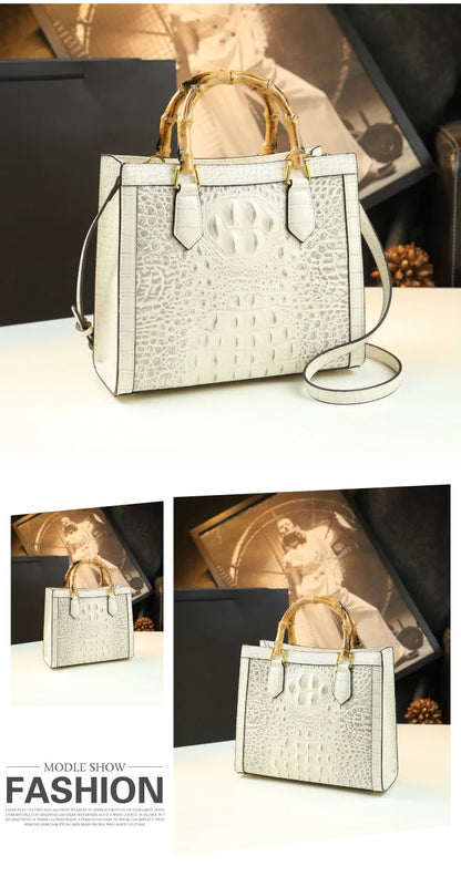 Elegant Croc-Embossed Handbag with Bamboo Handles