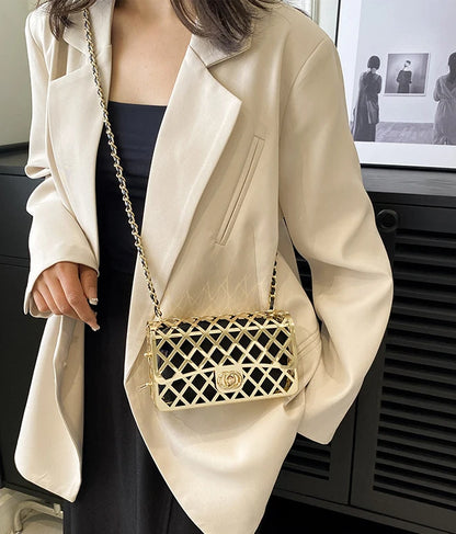 The new style metal small square bag lady hollow personality evening messenger bag all-in-one chain bag