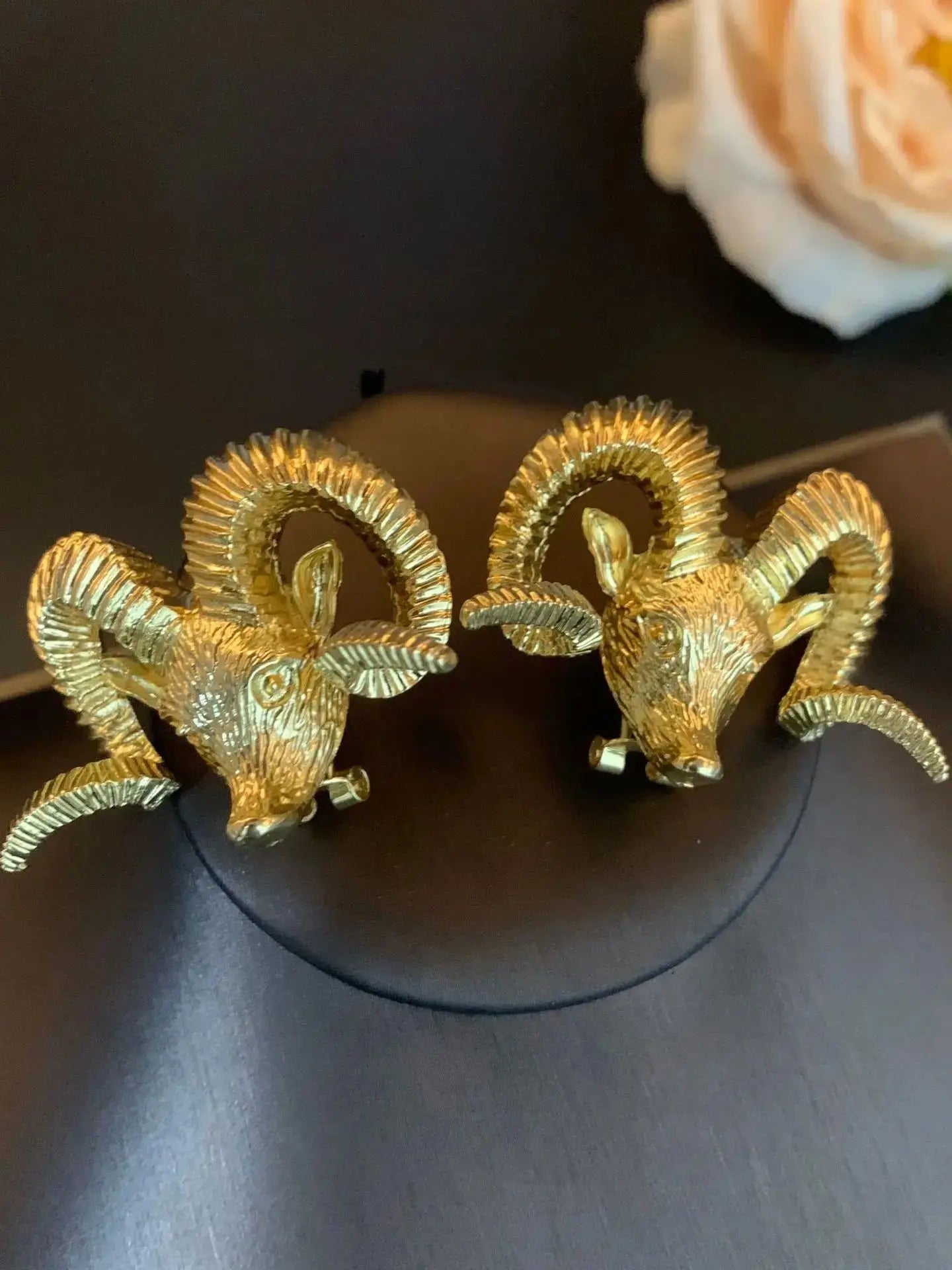 Vintage Inspired Ram's Head Gold Earrings