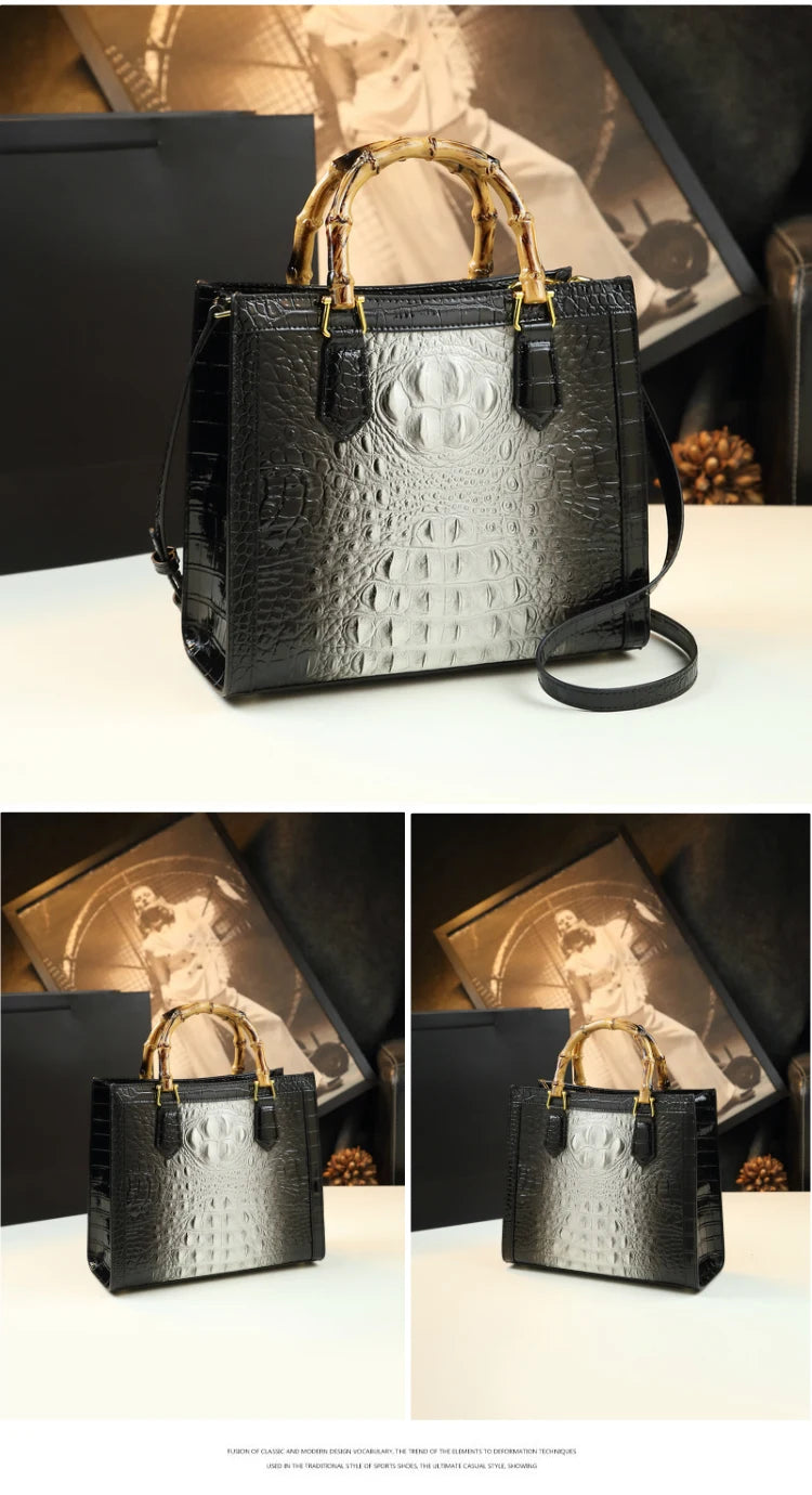 Elegant Croc-Embossed Handbag with Bamboo Handles