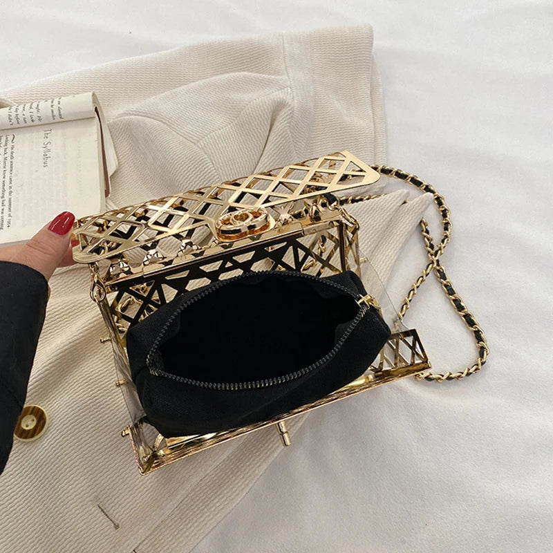 The new style metal small square bag lady hollow personality evening messenger bag all-in-one chain bag