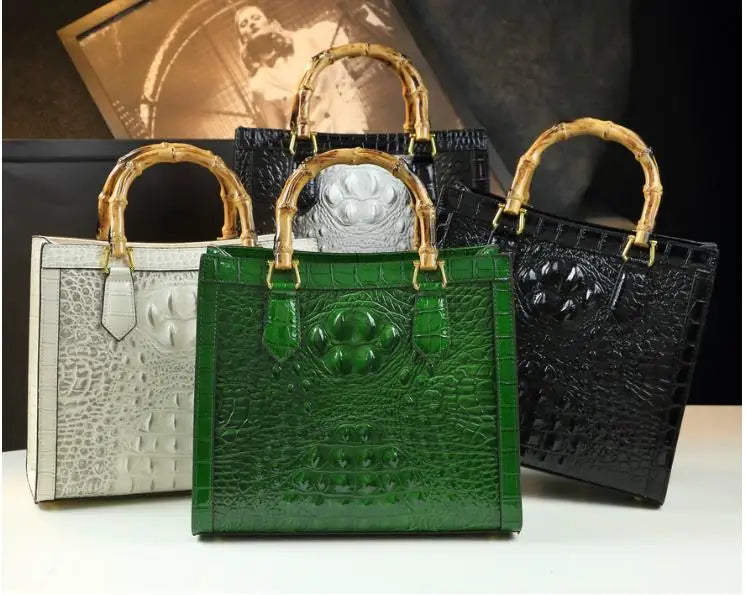 Elegant Croc-Embossed Handbag with Bamboo Handles